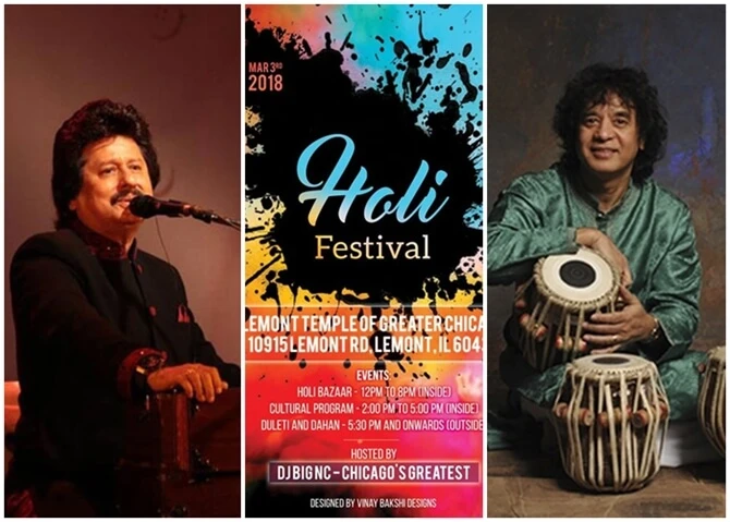 Chicago Indian Events in March 2018: Holi, Pankaj Udhas Concert, Zakir Hussain Tabla, Ilayaraja Concert Chicago Indian events, Holi 2018 USA, Chicago events March 2018