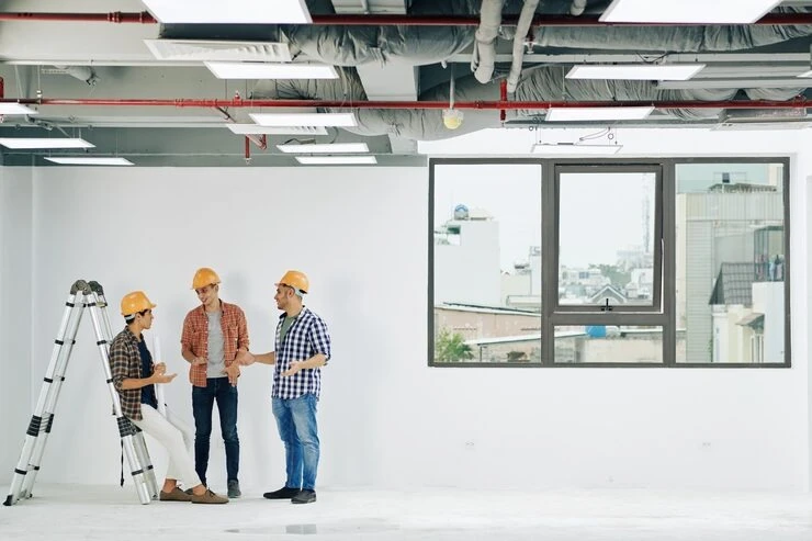 young construction engineers in hard hats and plains shirts discussing news and gossips during short break at work
